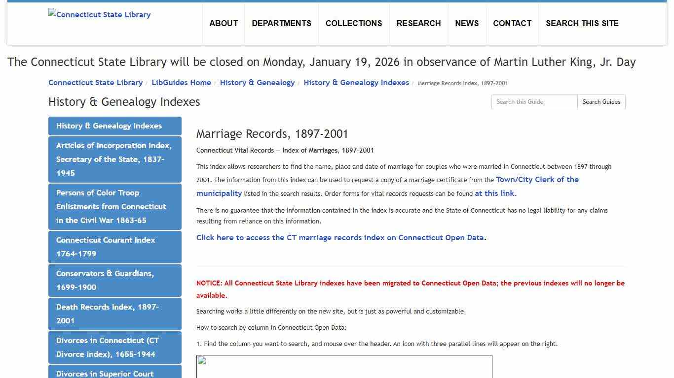 Marriage Records Index, 1897-2001 - History & Genealogy Indexes - LibGuides Home at Connecticut State Library.